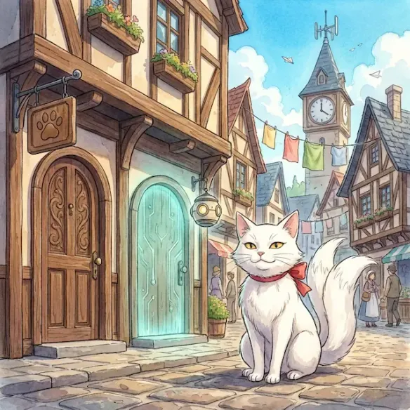 Mataken the cat in a village street between two doors — one wooden, one patterned like a circuit board